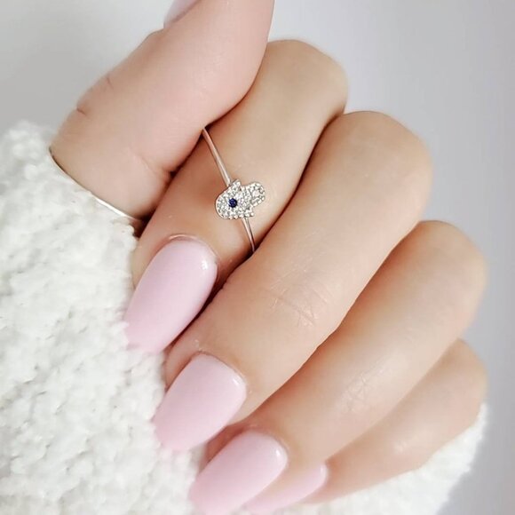 Women's 925 Thin Sterling Silver Hand Ring Dainty Small Minimalist Amulet Ring - Picture 4 of 9